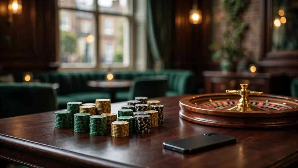 Elegant UK casino table with chips, roulette wheel, and face-down smartphone