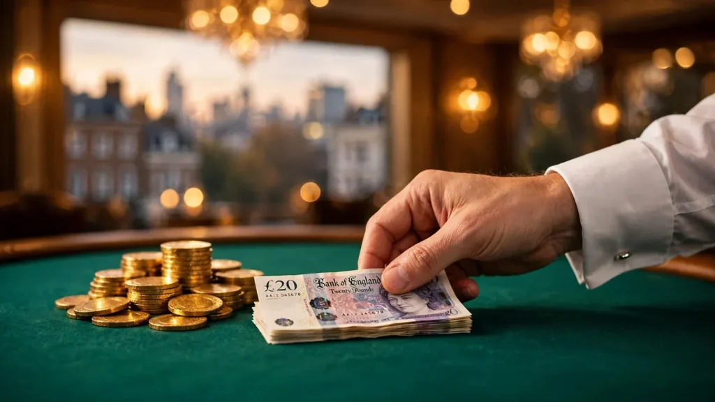 British pounds and golden casino chips on a green felt table representing a reload bonus