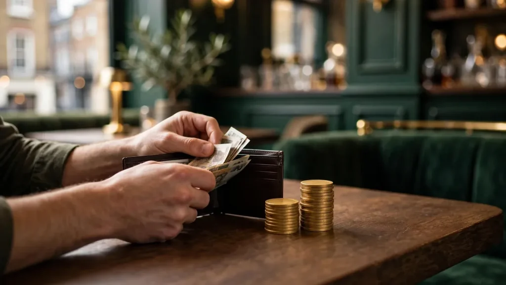 Hands depositing cash beside matching bonus credit in a stylish casino setting