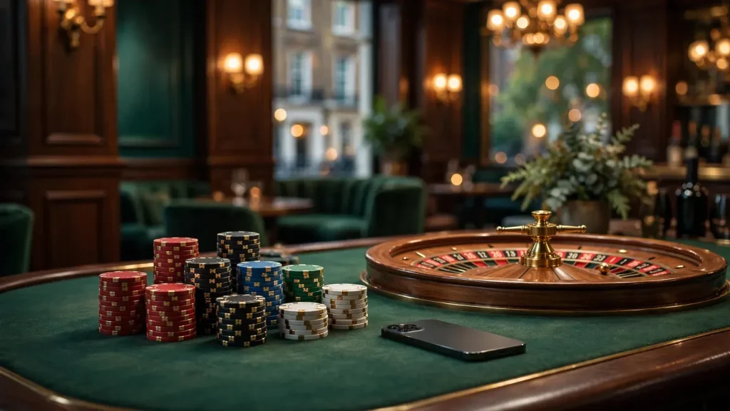 Luxury casino table with chips, roulette wheel and a smartphone