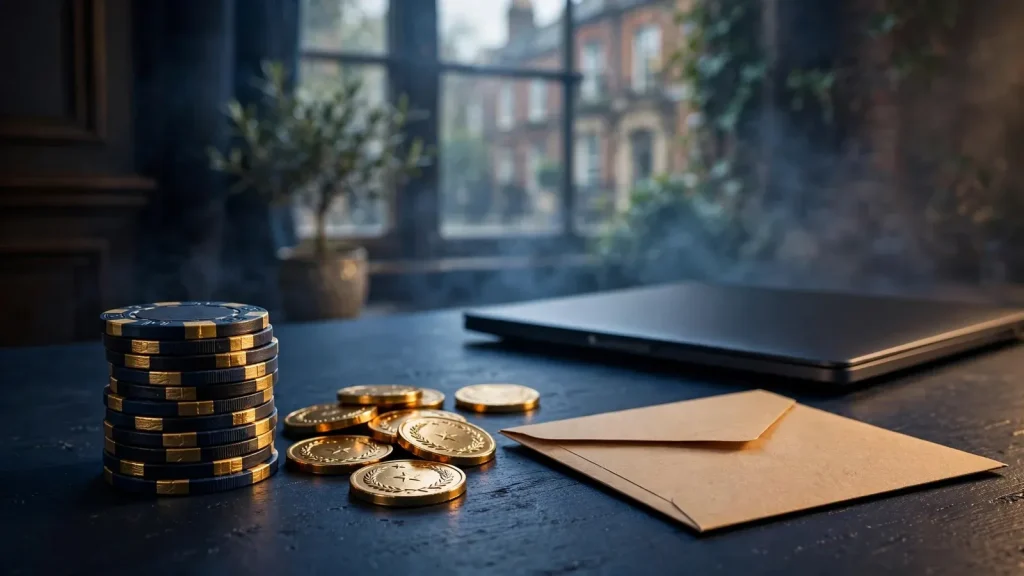 Elegant UK casino bonus scene with gold tokens and closed laptop
