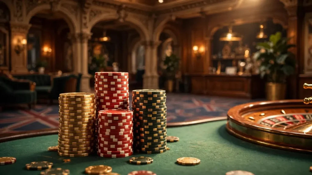 Elegant British casino lounge with stacked golden chips on a green felt table under warm spotlight