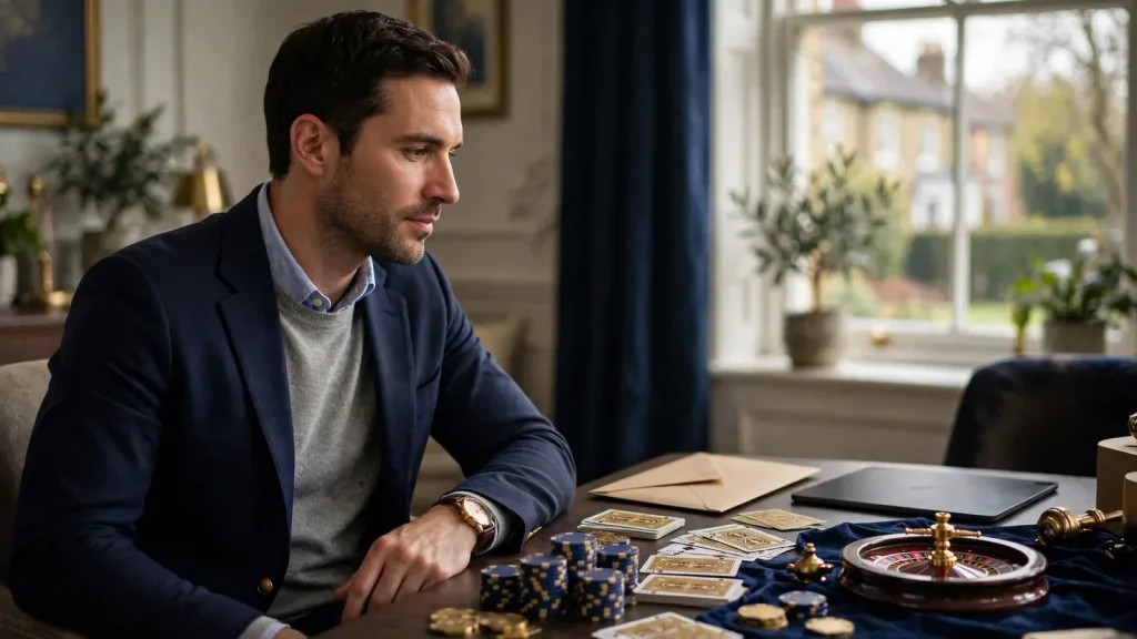 Elegant UK casino setting with deposit envelope, chips and face-down tablet