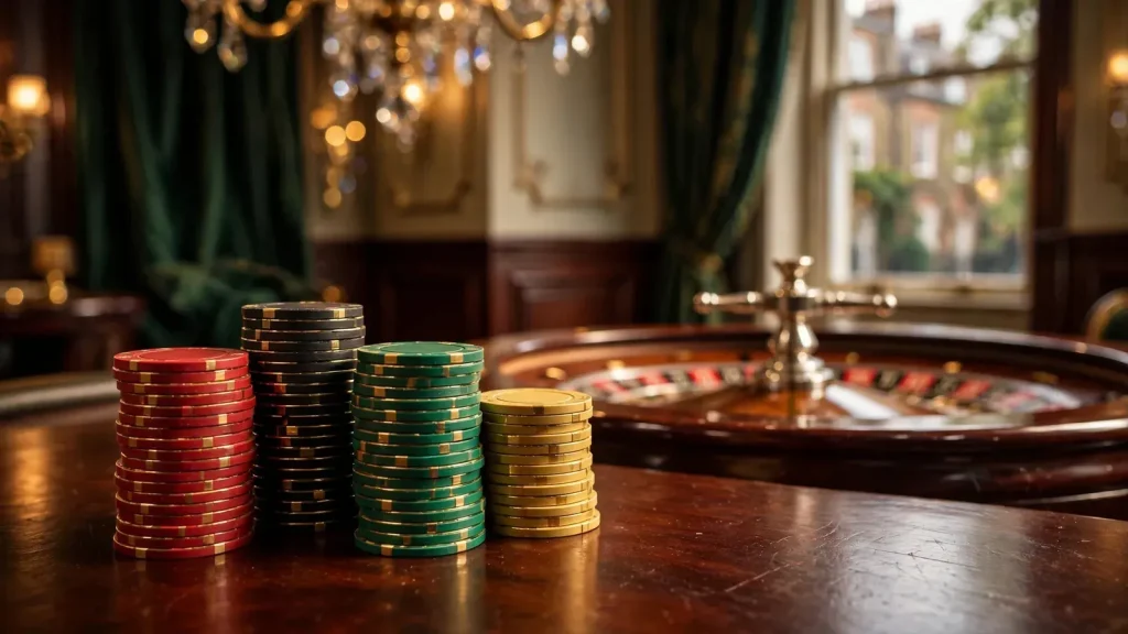 Close-up of stacked casino chips on a polished wooden table with a roulette wheel in a luxurious British gaming room.