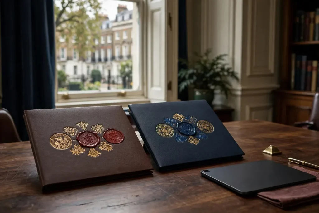 Two separate regulator licence folders on a London office desk