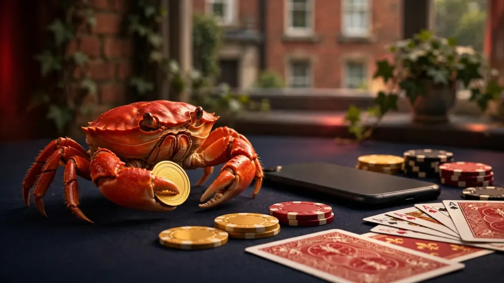 Red crab with a gold coin beside a closed smartphone and casino chips