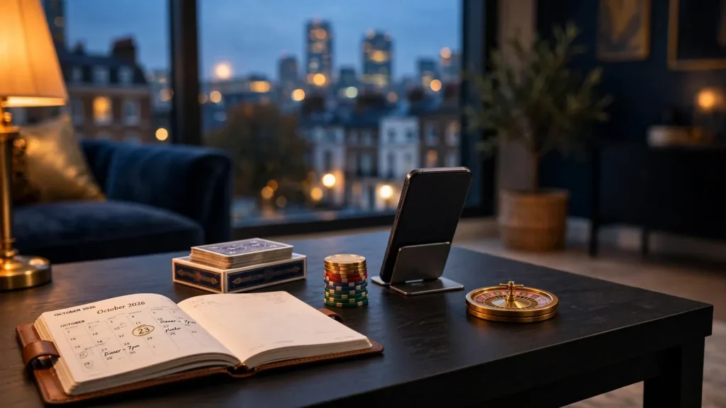 Smartphone on a stand with casino chips, cards and a planner on a British living room table