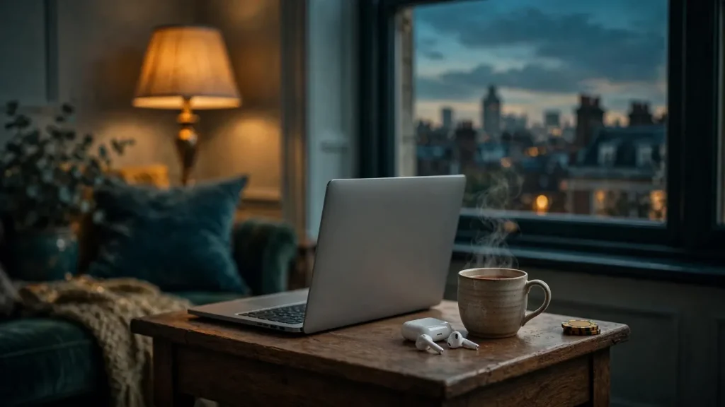 Cozy British room with laptop, tea, and a casino chip at dusk