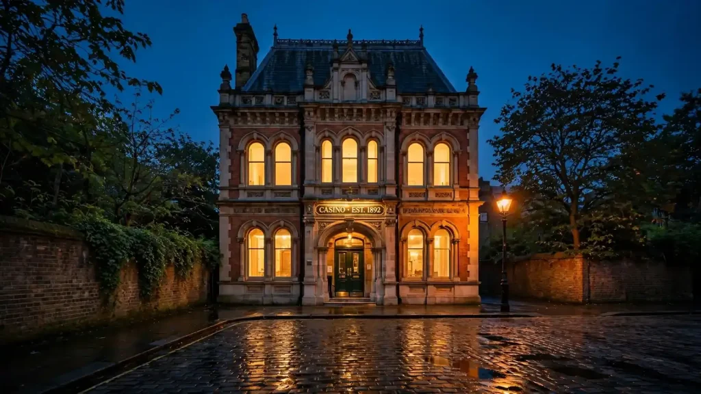 Solitary standalone casino building on a quiet London street at twilight