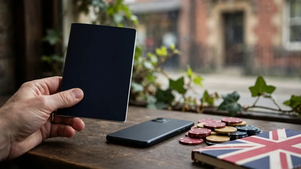 Blank passport, turned-away smartphone and casino chips on a UK table