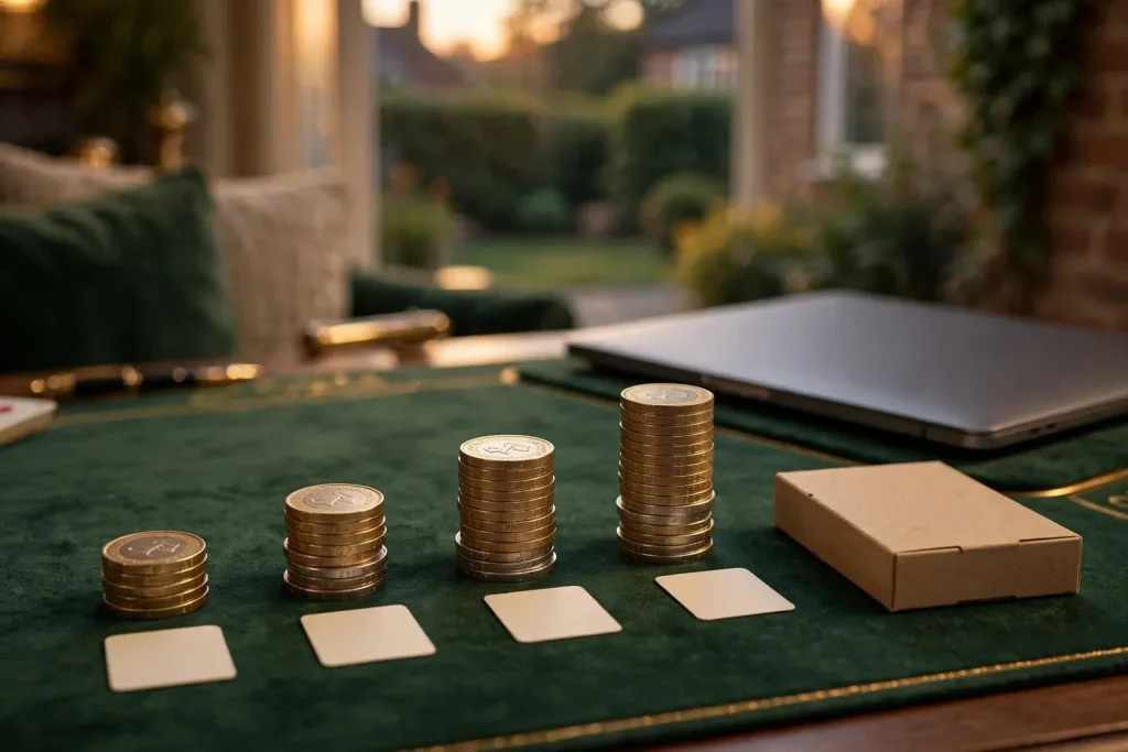 Four ascending stacks of pound coins on a UK desk