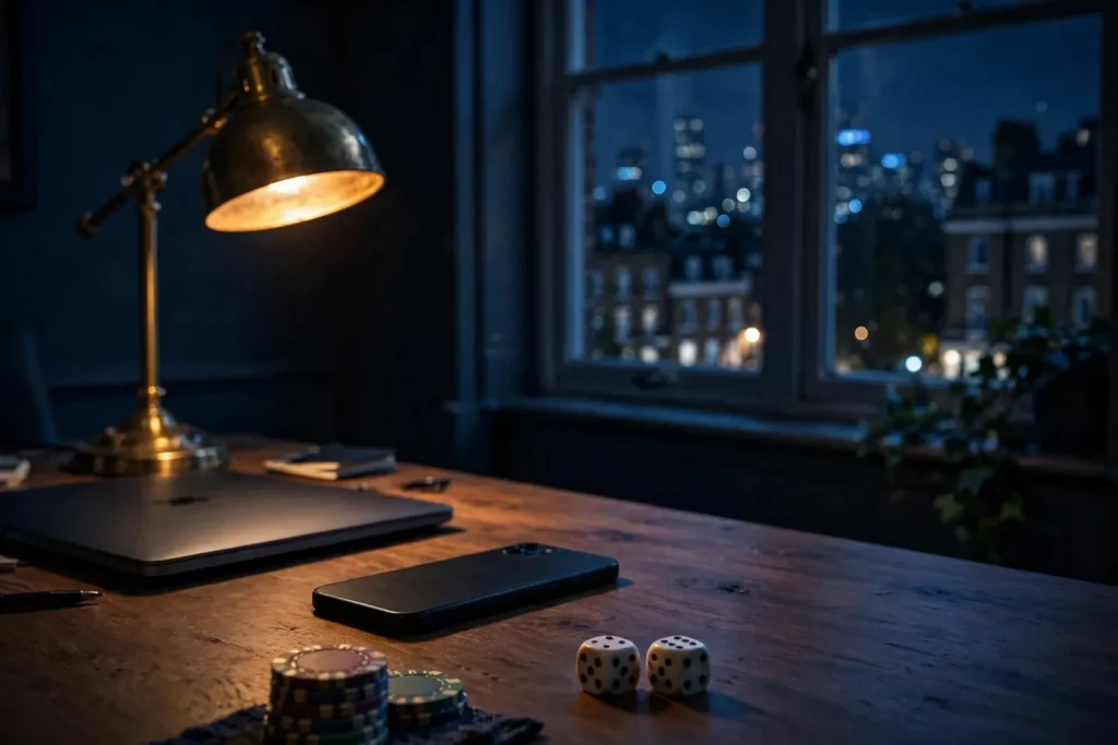 Closed laptop and smartphone on a dim London desk with casino chips and dice.