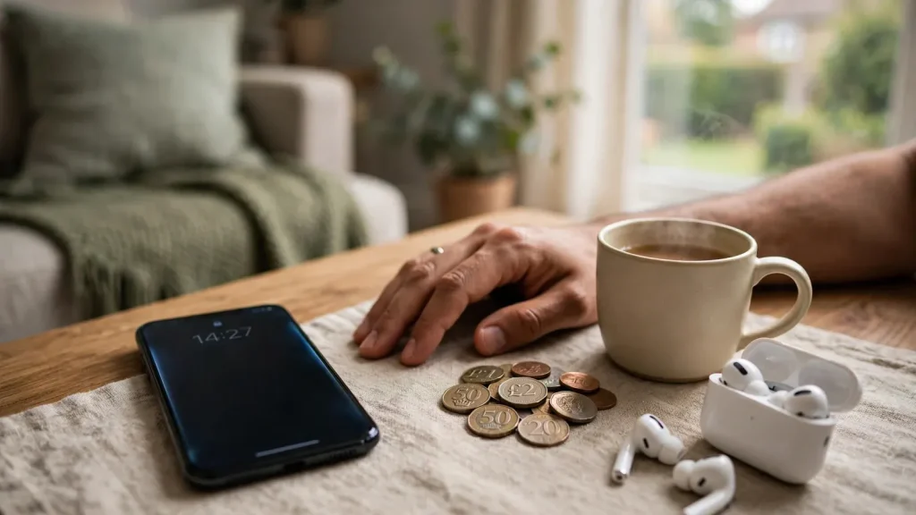 Smartphone on a UK coffee table suggesting mobile payment for online casinos