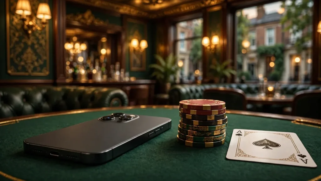 Smartphone on a green casino table with chips and a playing card.