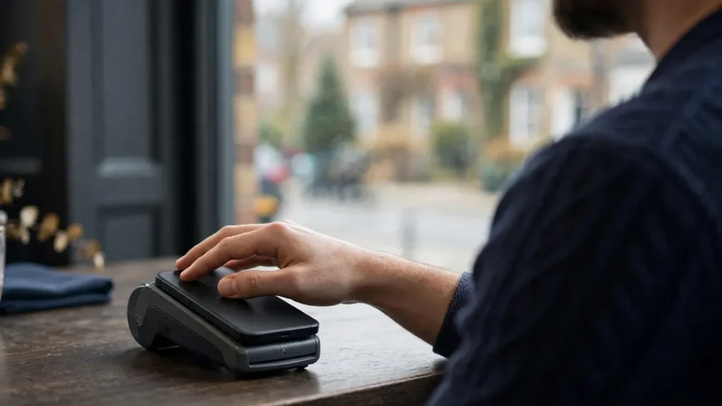 Adult making a secure mobile casino payment on a smartphone