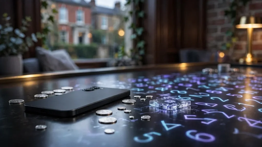 Modern UK penny slot theme with tokens and abstract randomness