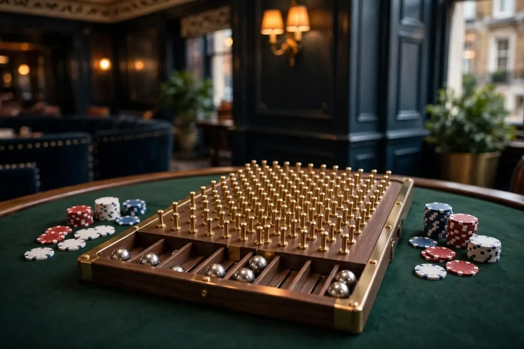 Unbranded Plinko board with British-coloured chips in a refined London casino lounge.