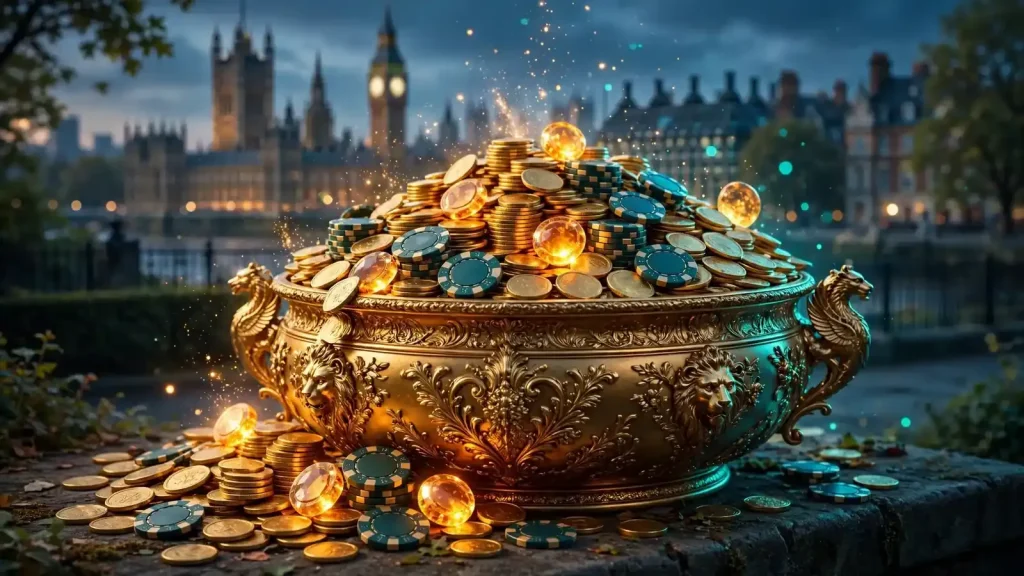 Overflowing golden pot with coins and casino chips against a moody London skyline, evoking a growing jackpot