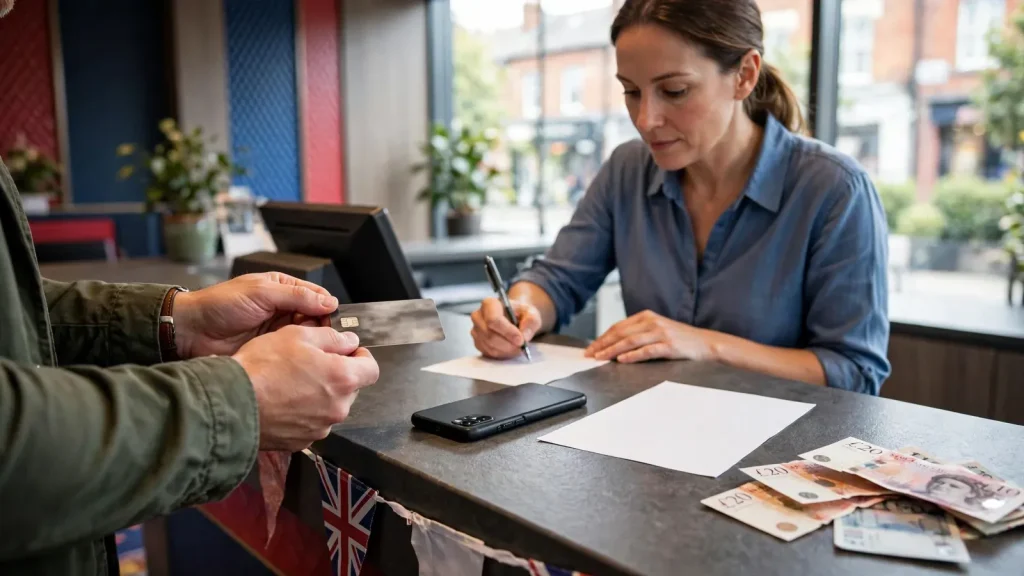 Customer hands at a UK casino withdrawal counter with card and phone