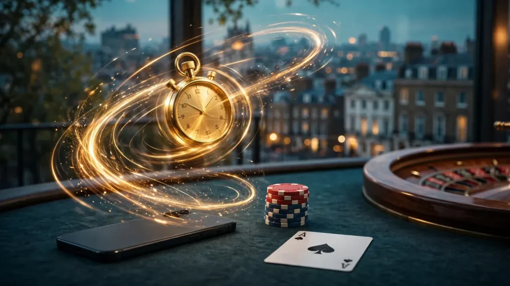 Smartphone, poker chips and a stopwatch on a casino table with a London skyline