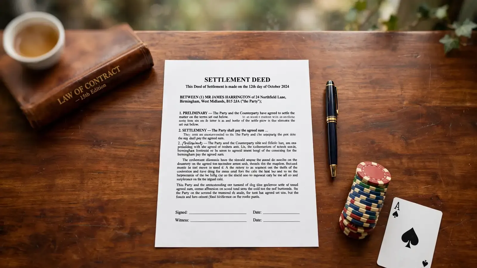 Legal document with fountain pen, casino chips, playing card and a British legal book on a wooden desk.