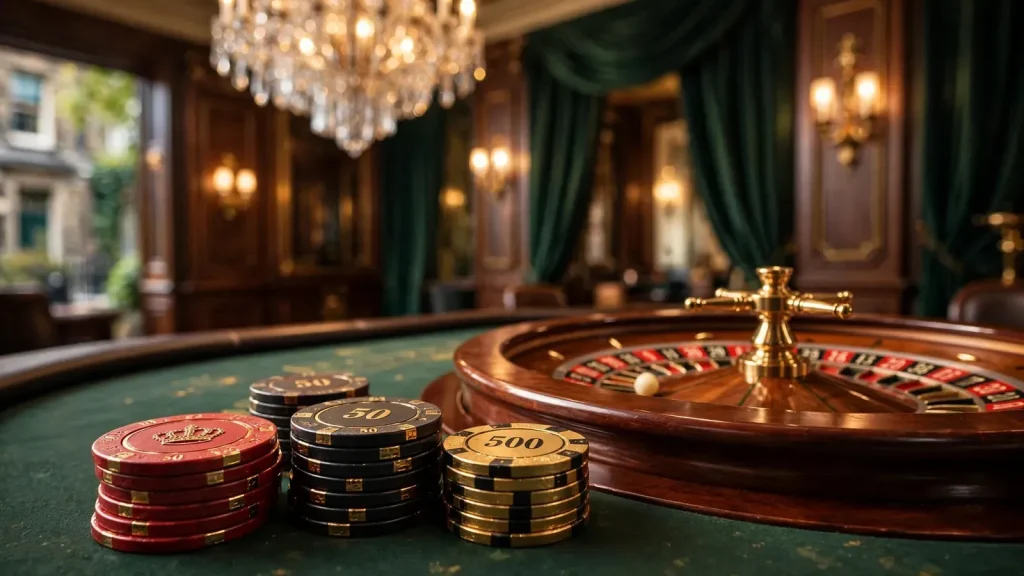 Premium UK casino table with stacked chips and roulette wheel under warm golden chandelier lighting