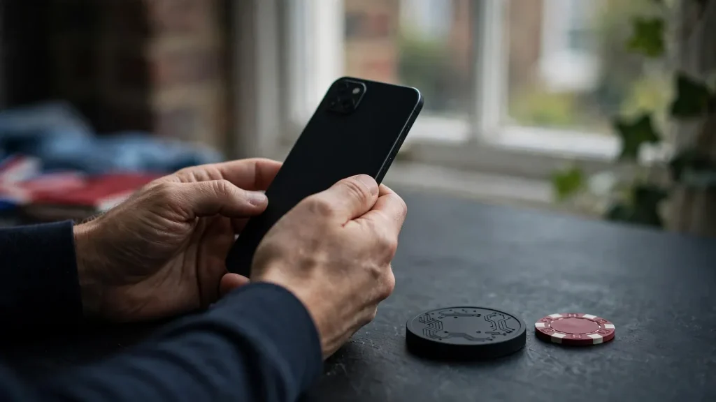 UK player evaluating a TRX casino with phone and token