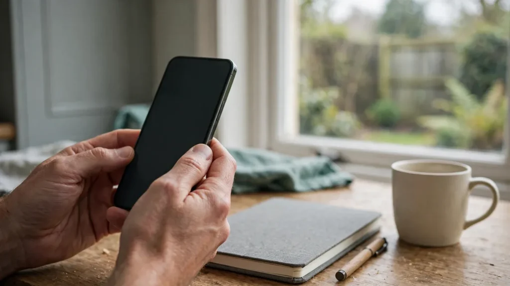 Turned-away smartphone and notebook in a calm British home