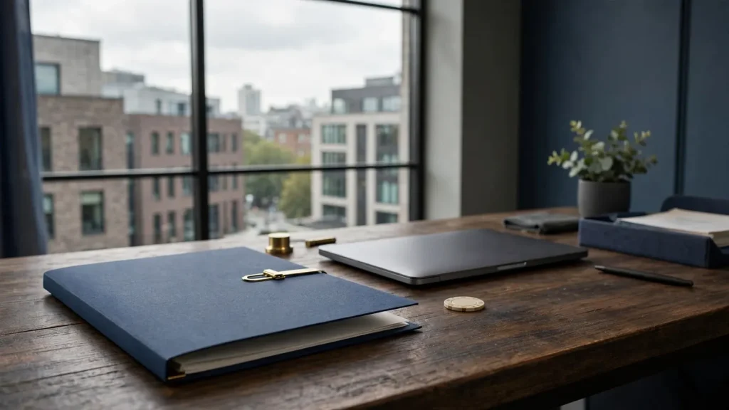 Unbranded UK casino licensing documents beside a blank laptop