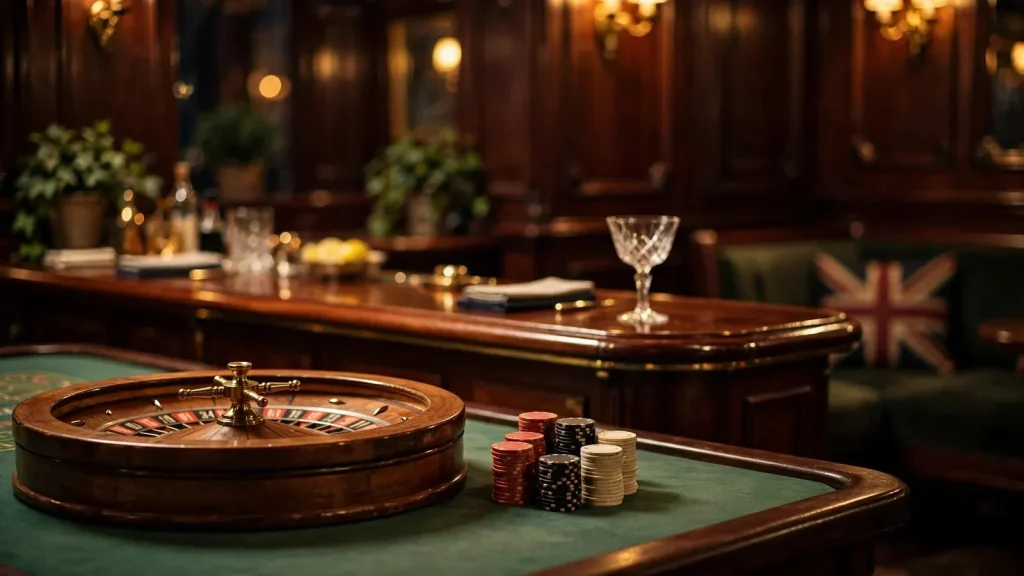 Stylish British casino interior featuring a roulette wheel and stacked chips on a green felt table.