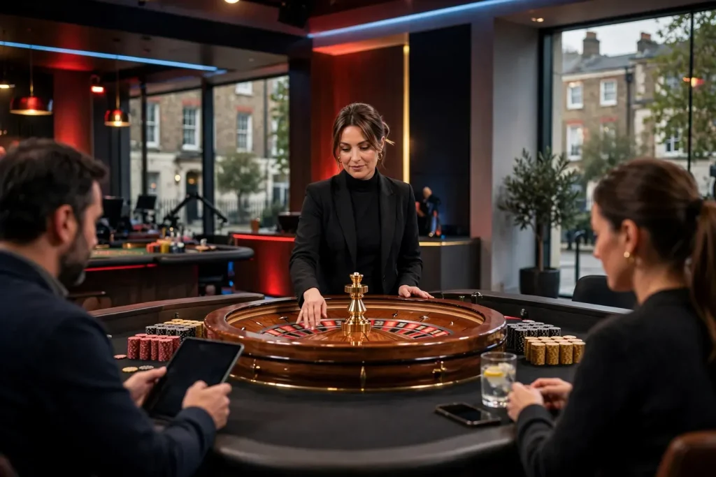 English-speaking dealer operating a physical roulette wheel in a modern UK studio