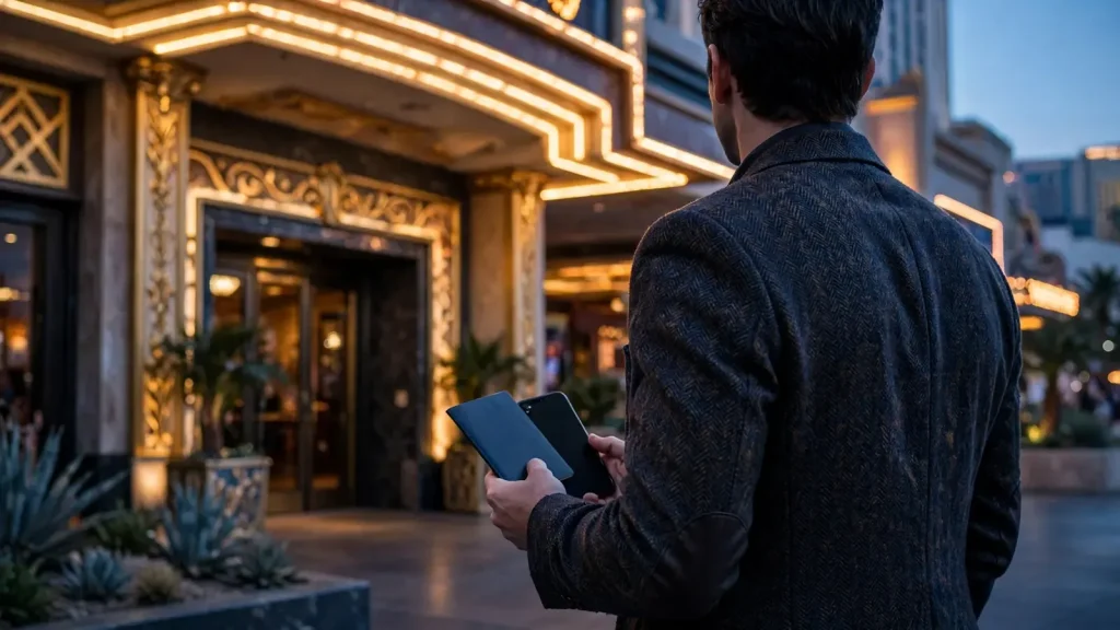 British player outside an American-style casino at dusk