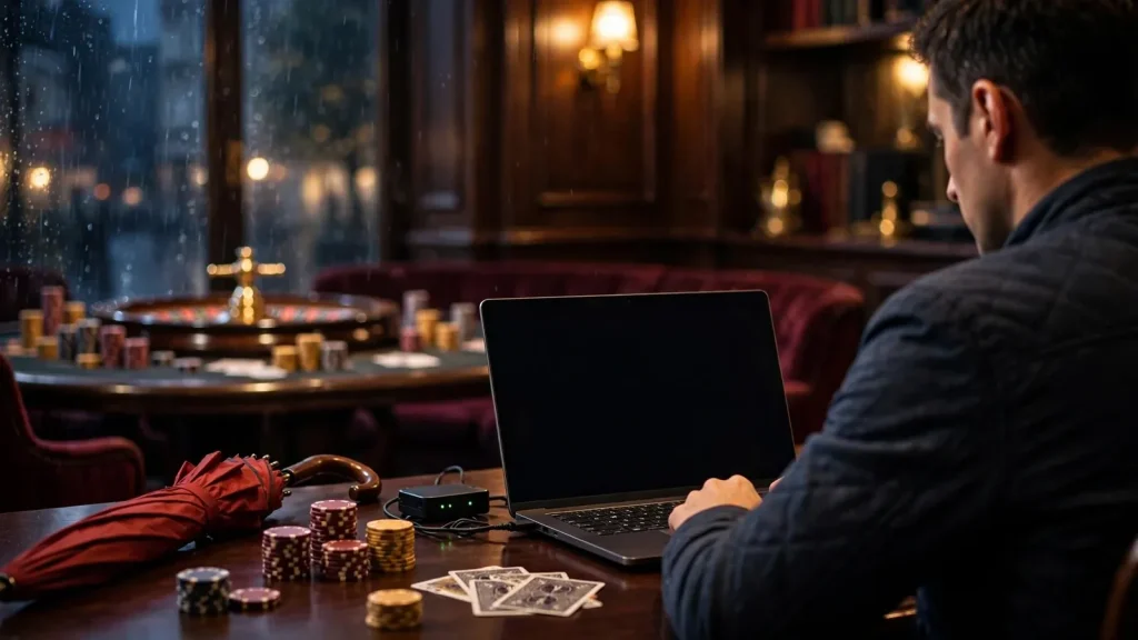VPN-secured online casino session in an elegant London gaming lounge